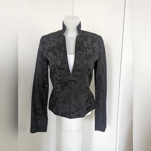 Vintage 90s Black Jacket; Textured Floral Pattern; Mandarin Style Collar;LikelyM